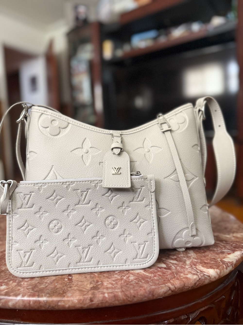Louis Vuitton Cream Embossed Monogram Shoulder Bag with Pouch